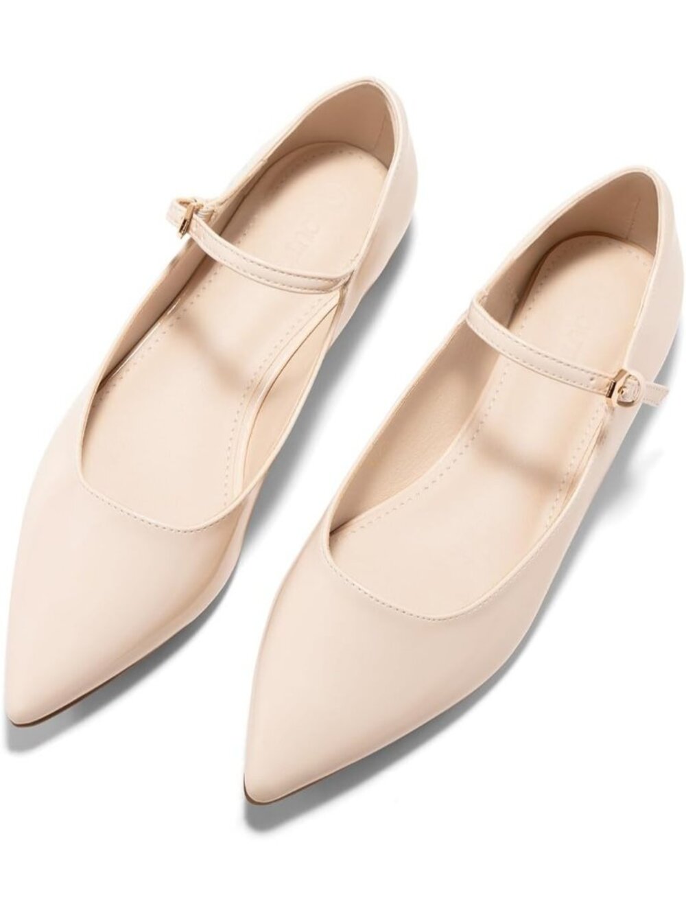 Women's Beige Leather Mary Jane Flats Closed Pointed Toe Ballet Flats Work Shoes